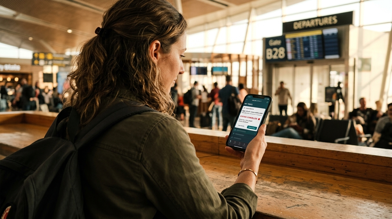 Traveler checking a cancelled flight status through an airline app
