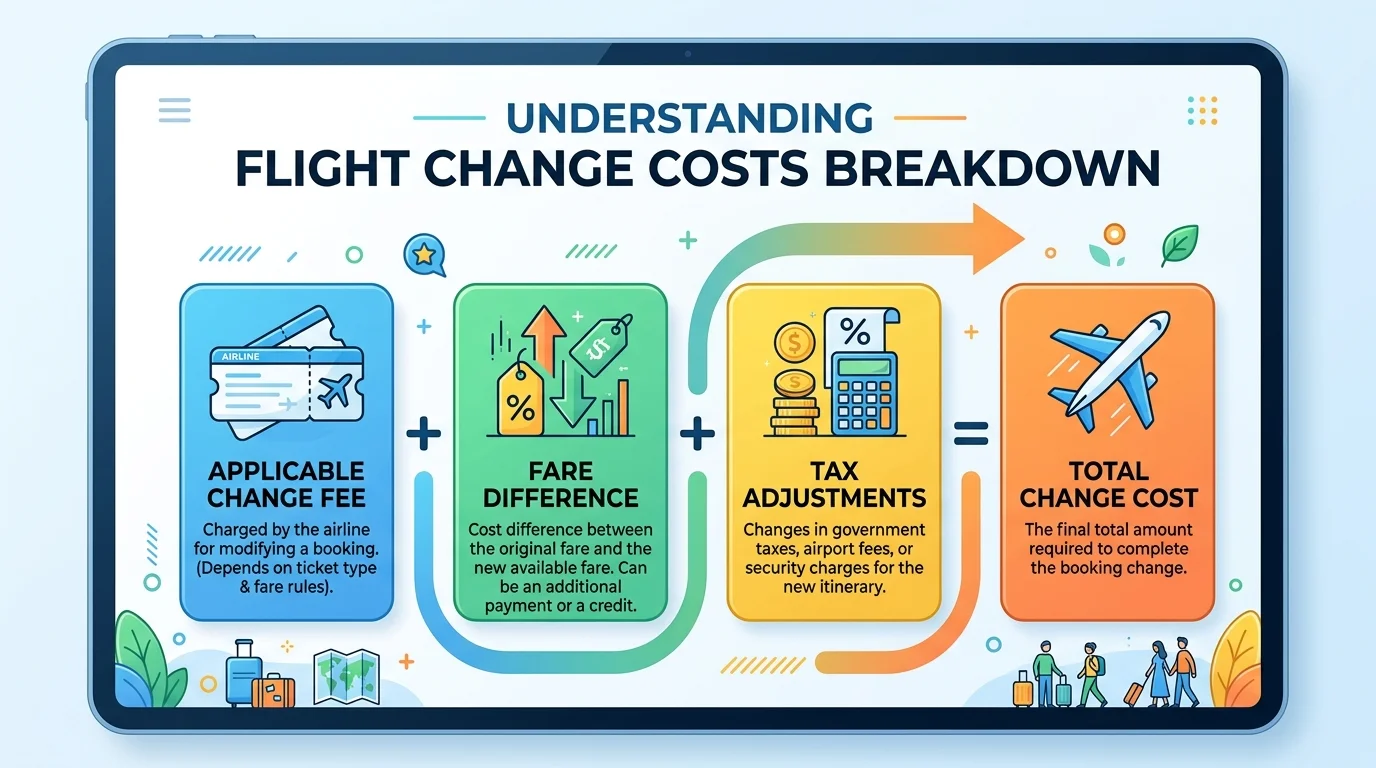 Infographic showing the breakdown of total flight change costs into change fees, airfare differences, and taxes