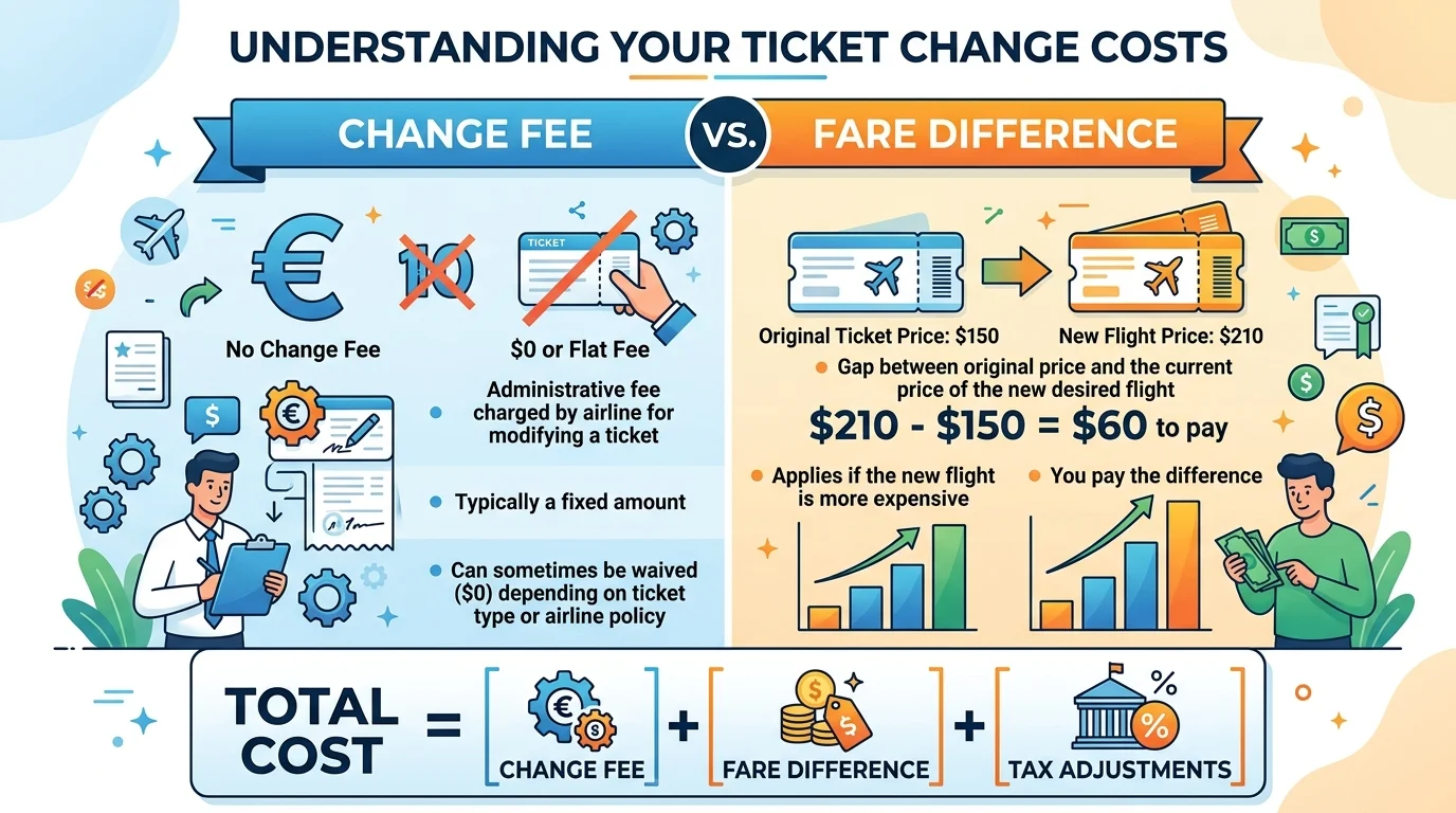 Diagram comparing an airline flight change fee with an airfare difference