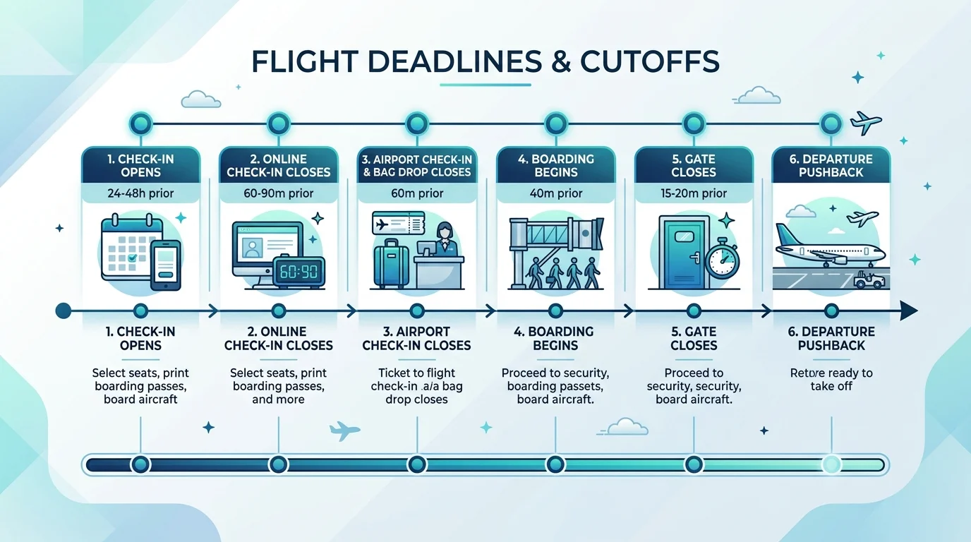 Diagram illustrating flight deadlines from check-in opening to baggage drop, security, gate closing, and departure