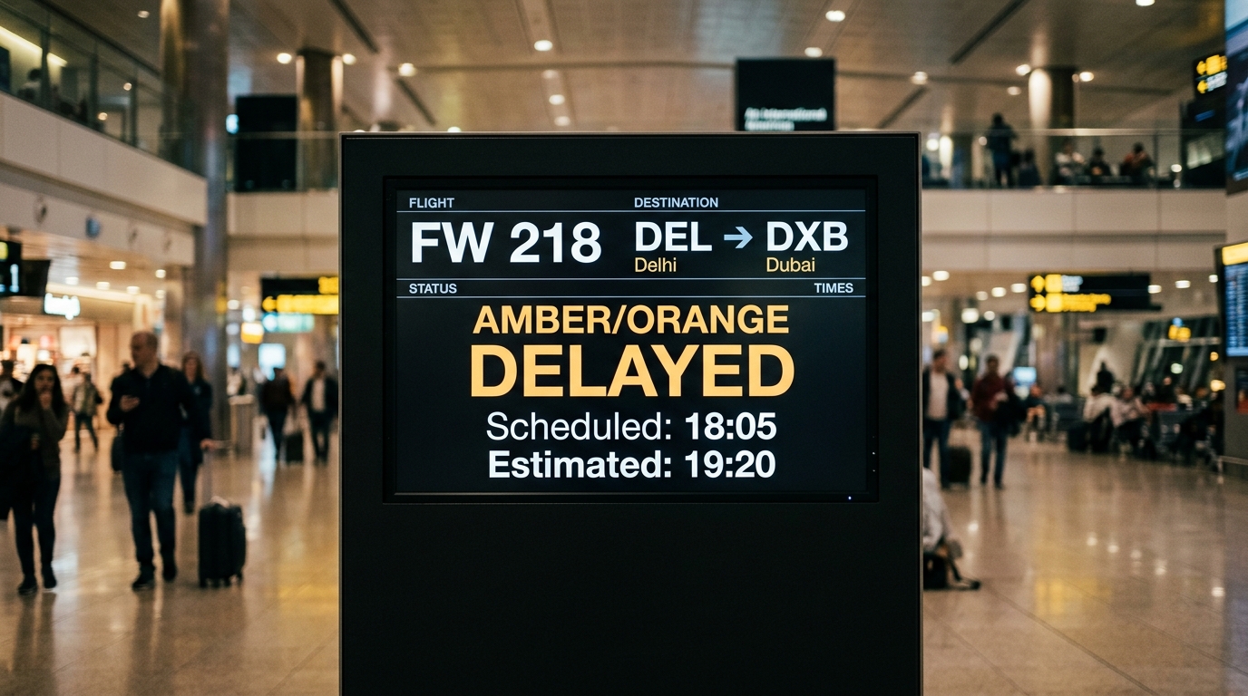 Example of a delayed flight shown on an airport information display