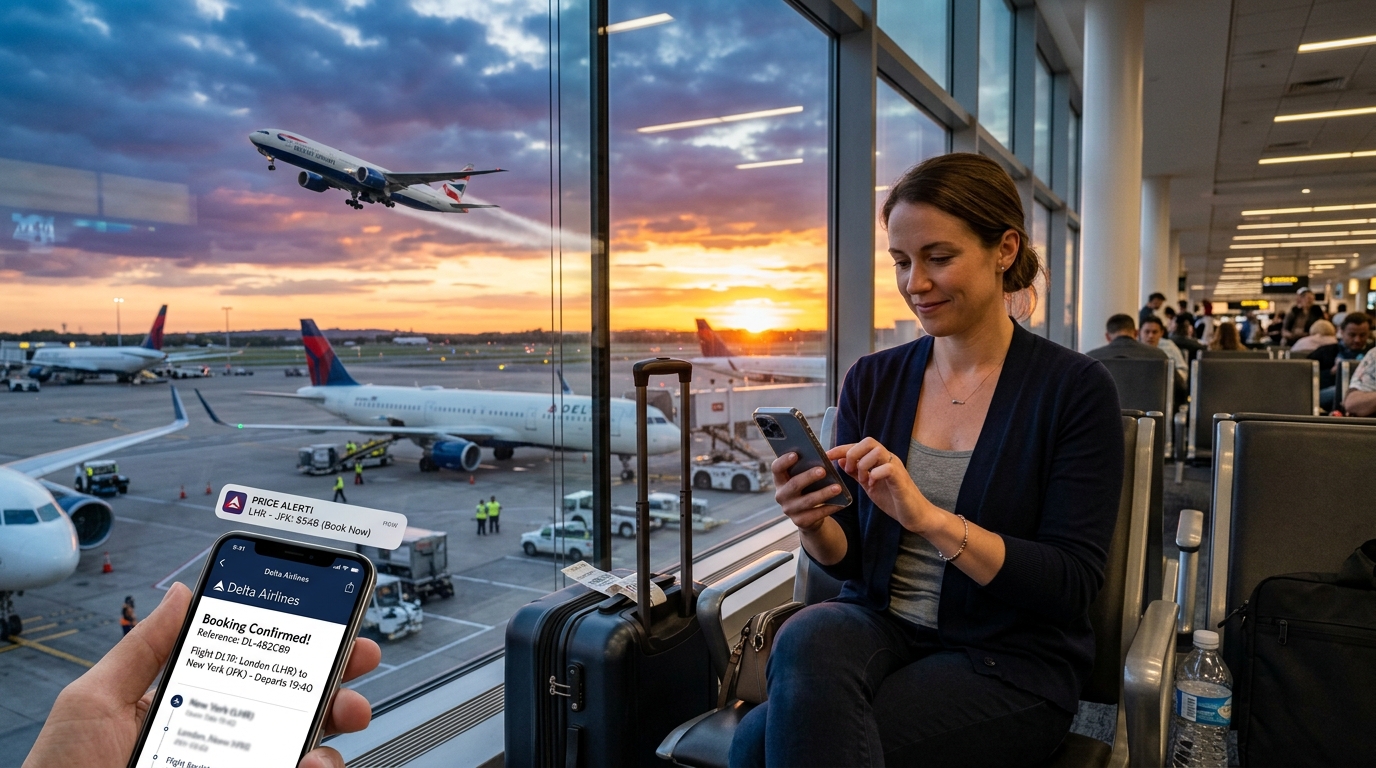 Traveler monitoring flight price alert notification and booking confirmation on smartphone at airport