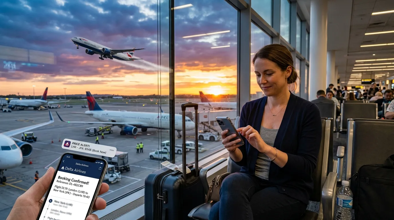 Traveler monitoring flight price alert notification and booking confirmation on smartphone at airport