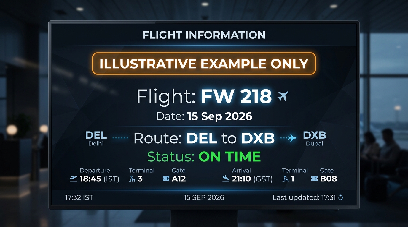 Illustrative flight status search using a flight number and travel date