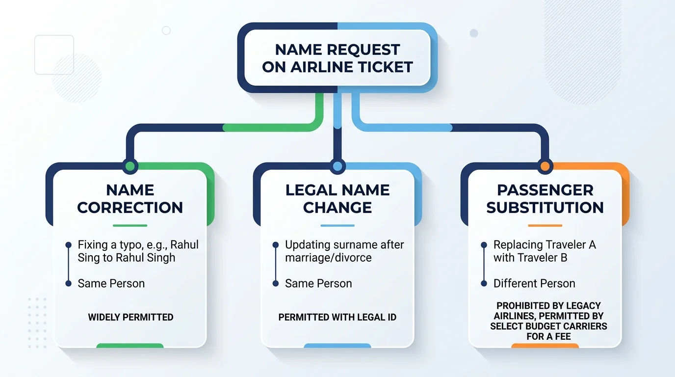 Flowchart guiding passengers on whether they need a name correction, legal name update, or passenger ticket substitution.