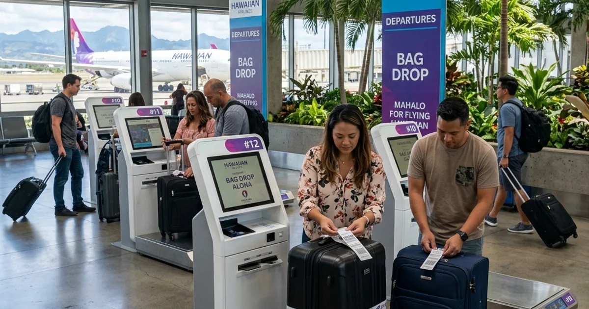 Hawaiian Airlines self-service bag-tag stations and ticket counters