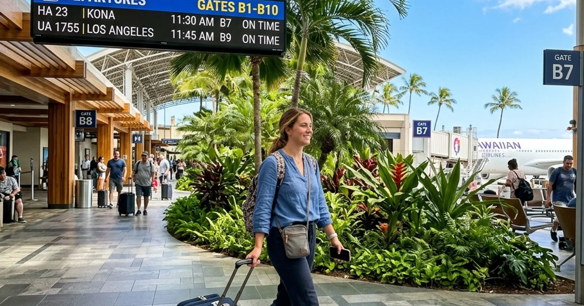 Traveler walking through airport departure concourse after check-in