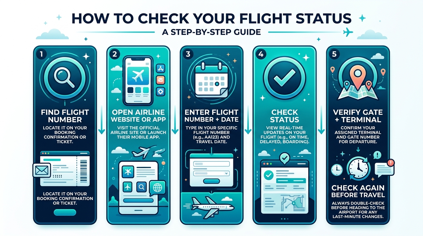 Steps for checking a flight status online using a flight number and travel date