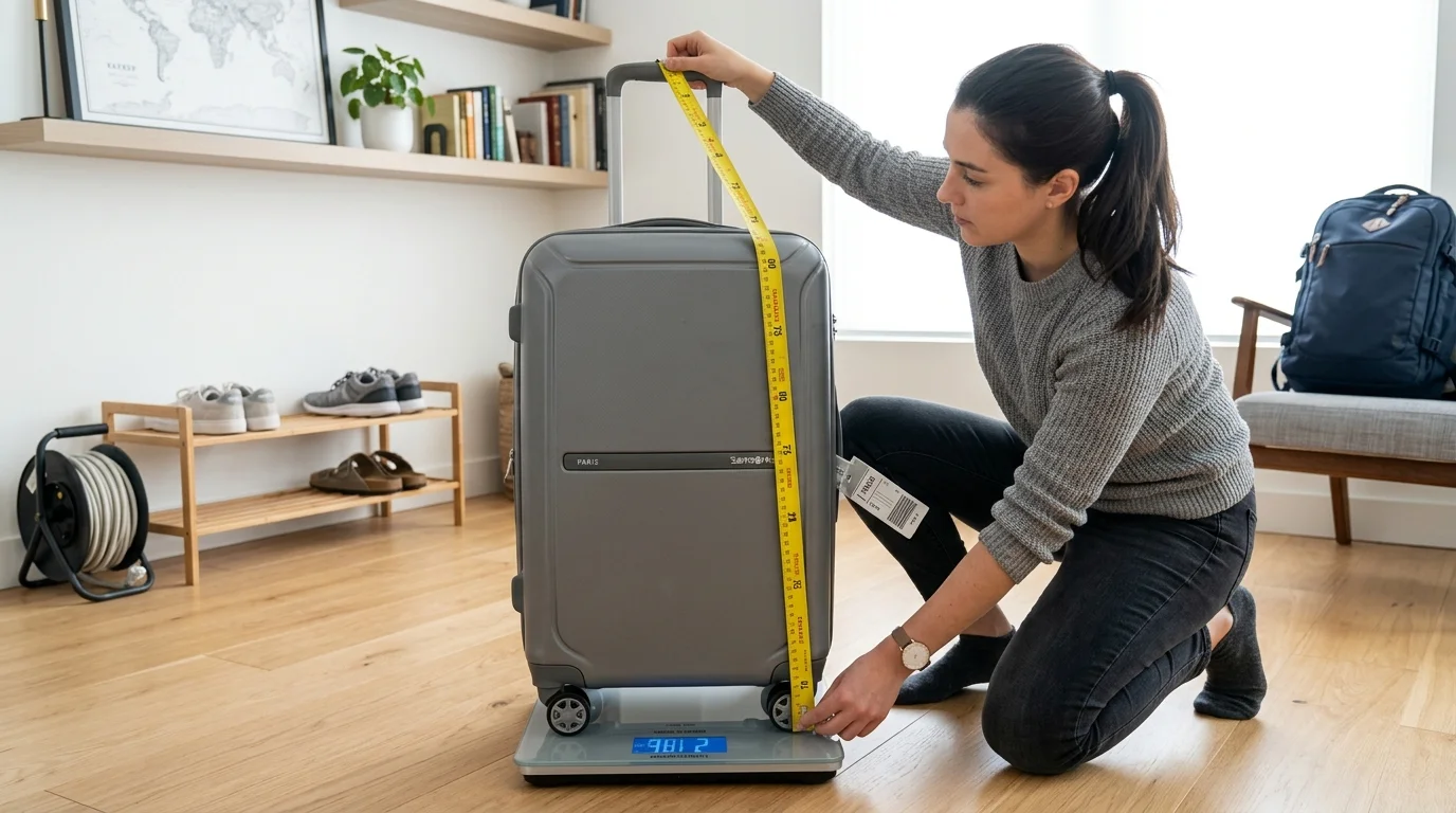Illustration showing a tape measure wrapping around a suitcase to calculate total linear dimensions and a digital scale showing weight