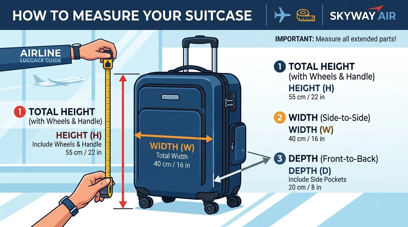 Diagram showing tape measurements across the length, width, and height of a suitcase including wheels