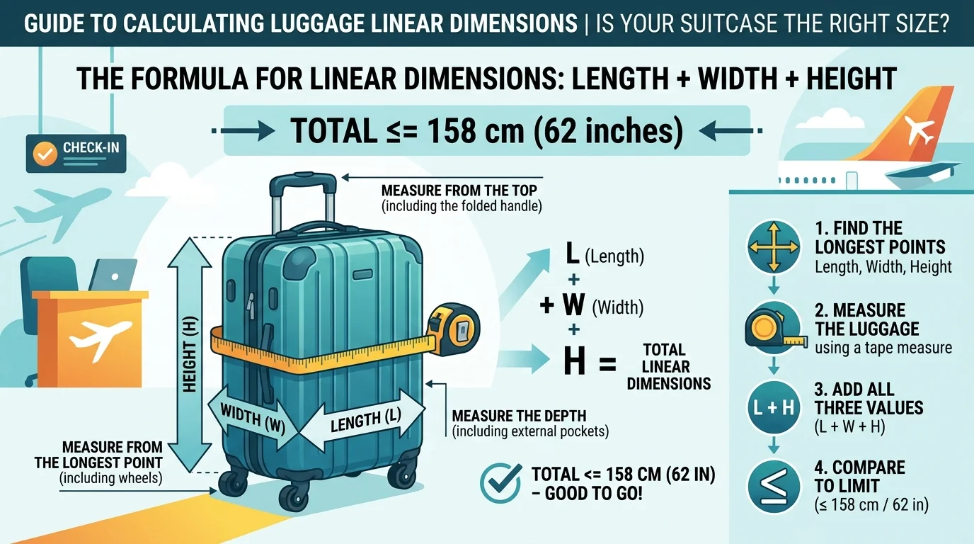 An illustration demonstrating how to measure the length, width, and height of a suitcase to calculate linear dimensions