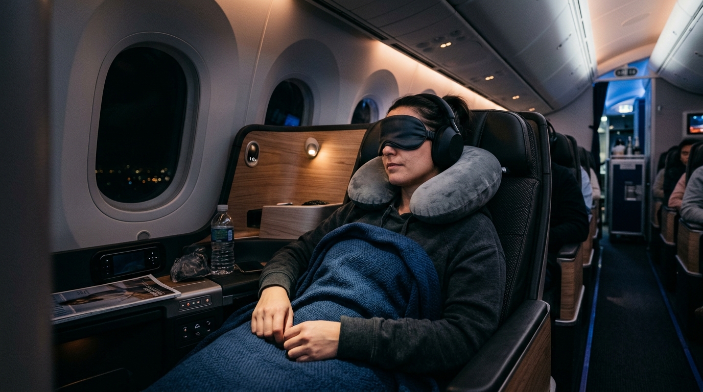 Traveler preparing to sleep on an overnight red-eye flight