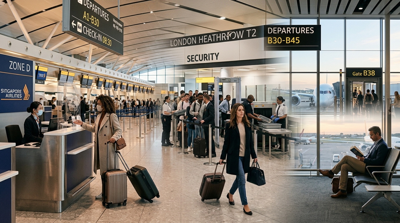 International airport process from check-in and baggage drop to security and the departure gate