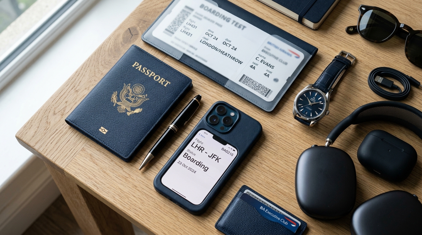 Travel essentials prepared for an international airport departure