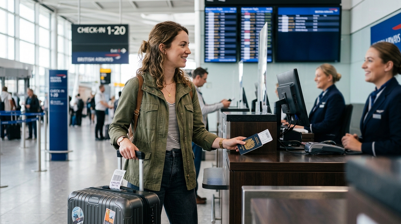 Traveler checking baggage before an international flight