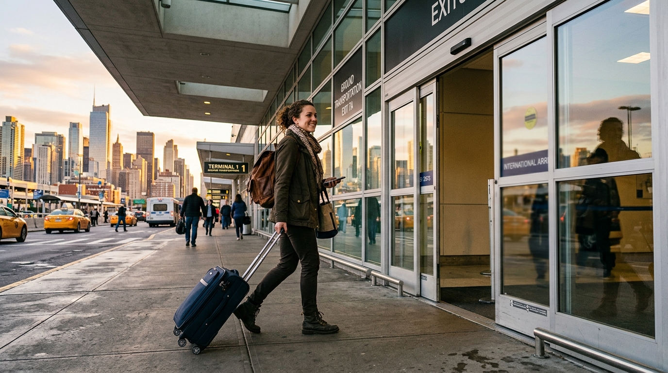 Traveler leaving an airport to explore a city during a stopover