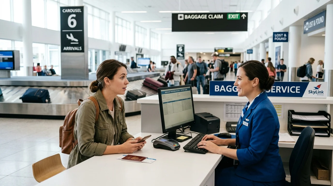 Close up of an airline boarding pass with a baggage claim tag attached, resting on an airport customer service desk