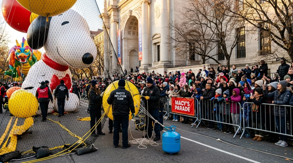 Crews inflating giant Thanksgiving character balloons under netting on Manhattan's Upper West Side