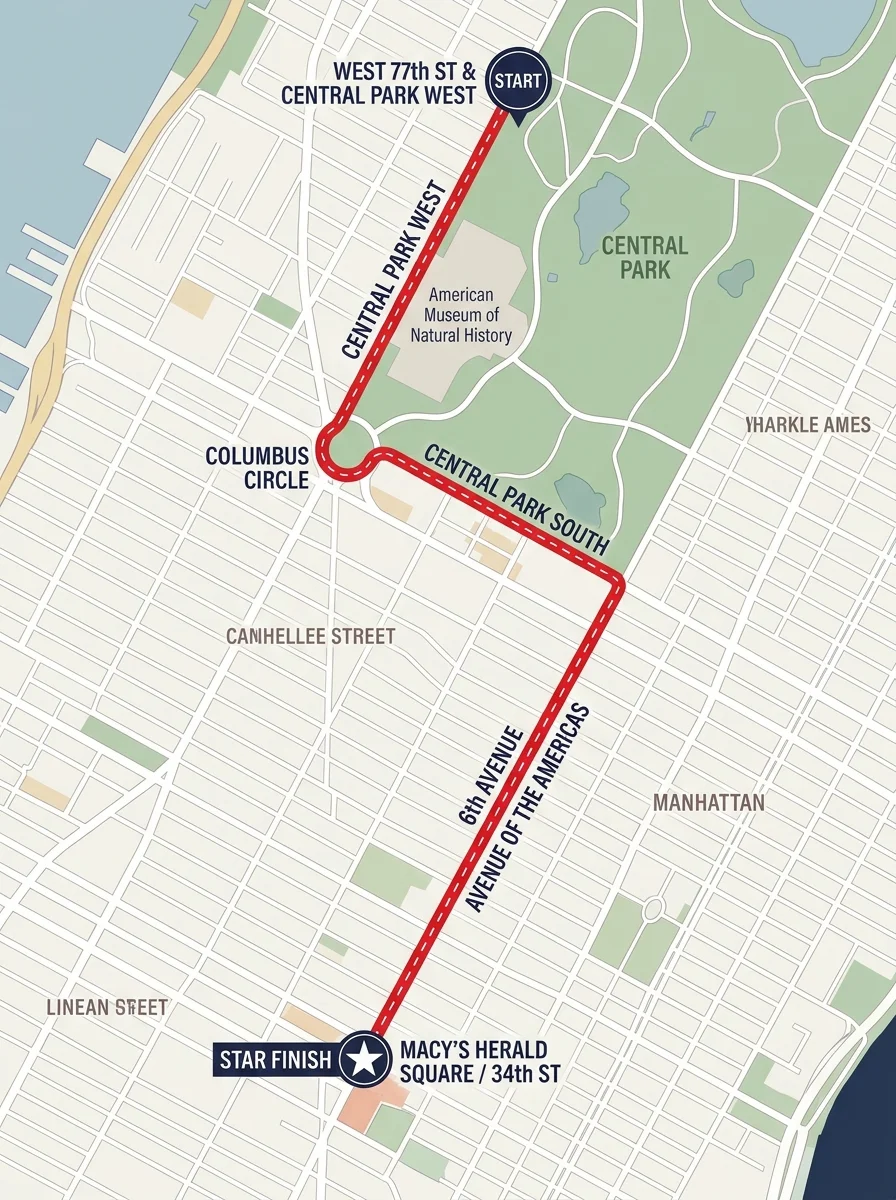 Map diagram illustrating the 2.5-mile route of the Macy's Thanksgiving Day Parade through Manhattan