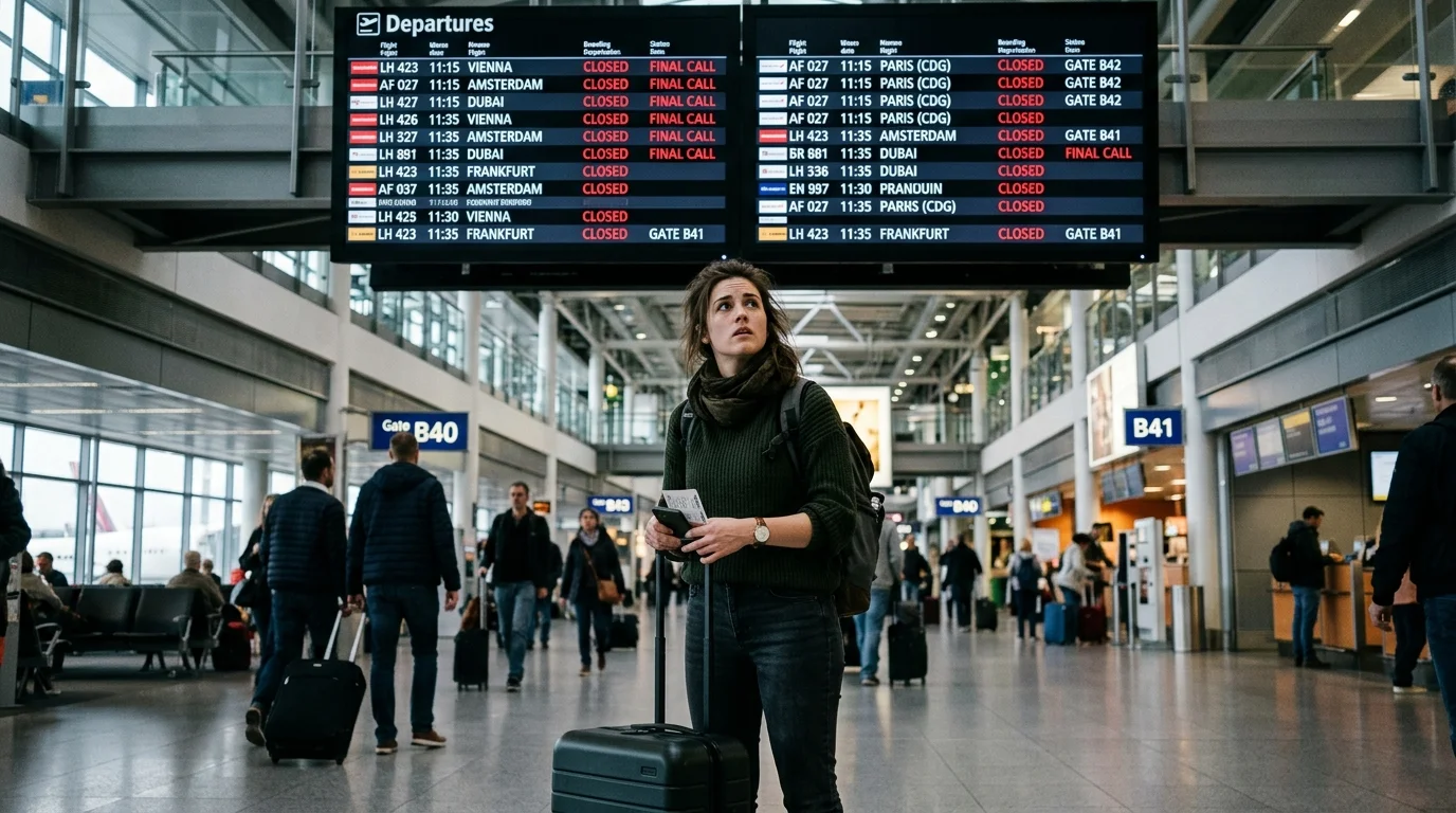 Traveler looking at an airport flight information display board showing closed check-in gates