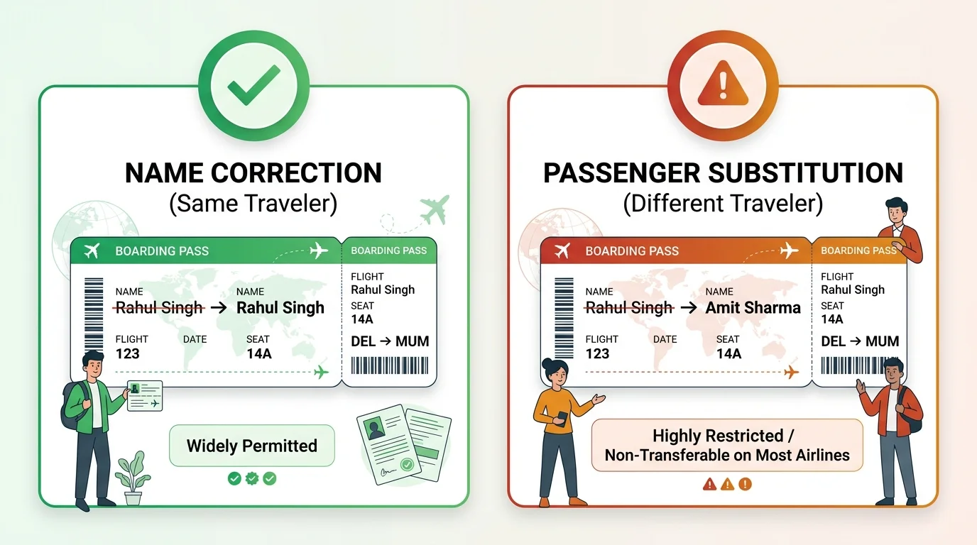 Graphic illustrating the difference between an airline name correction for the same person and a passenger substitution for a different person.