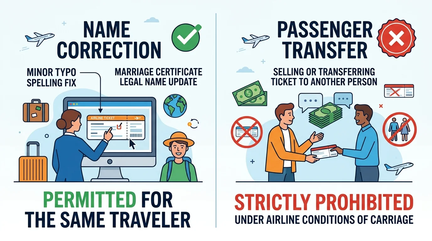 Airline name correction vs passenger ticket transfer comparison