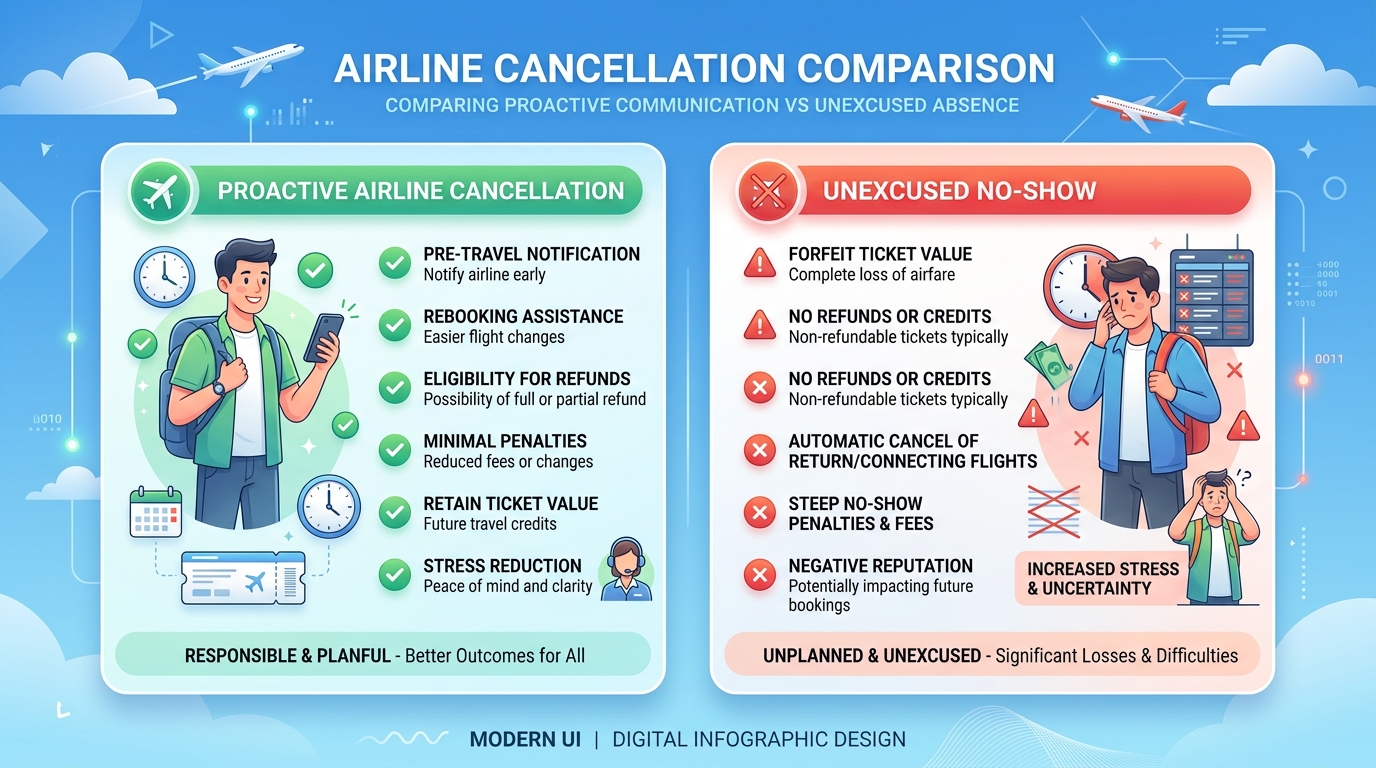 Diagram comparing consequences of proactive airline cancellation versus an unexcused no-show