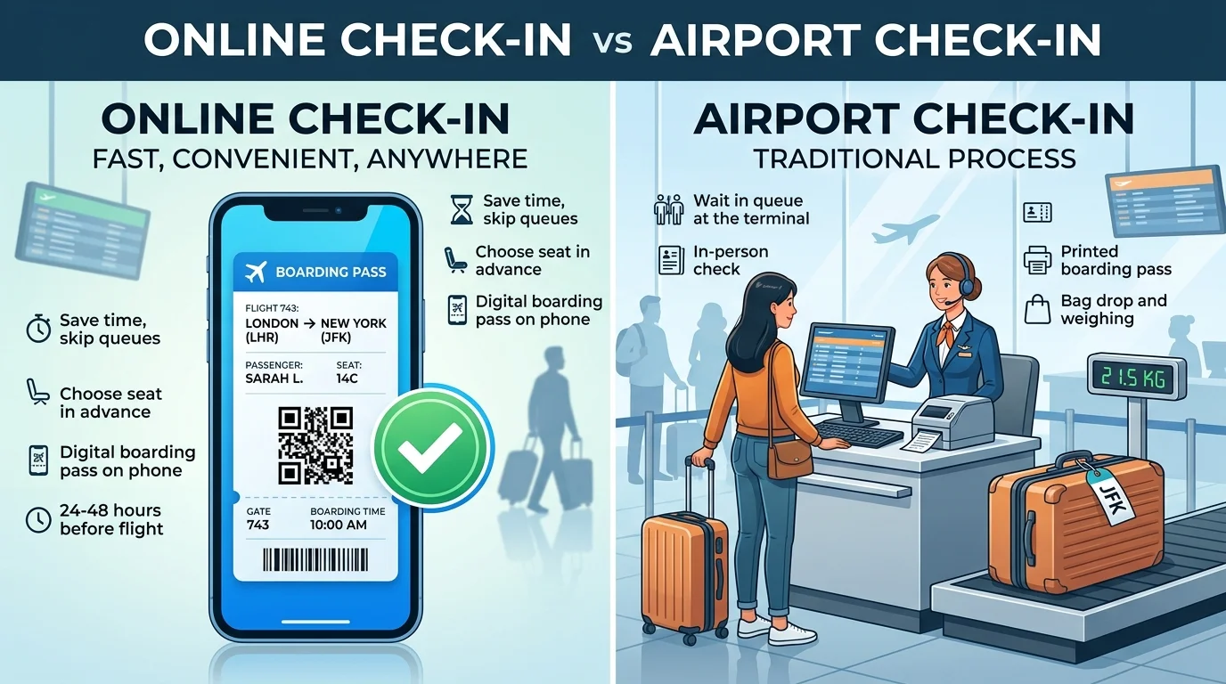 Side-by-side comparison of mobile app boarding pass issuance and airport check-in counter processing