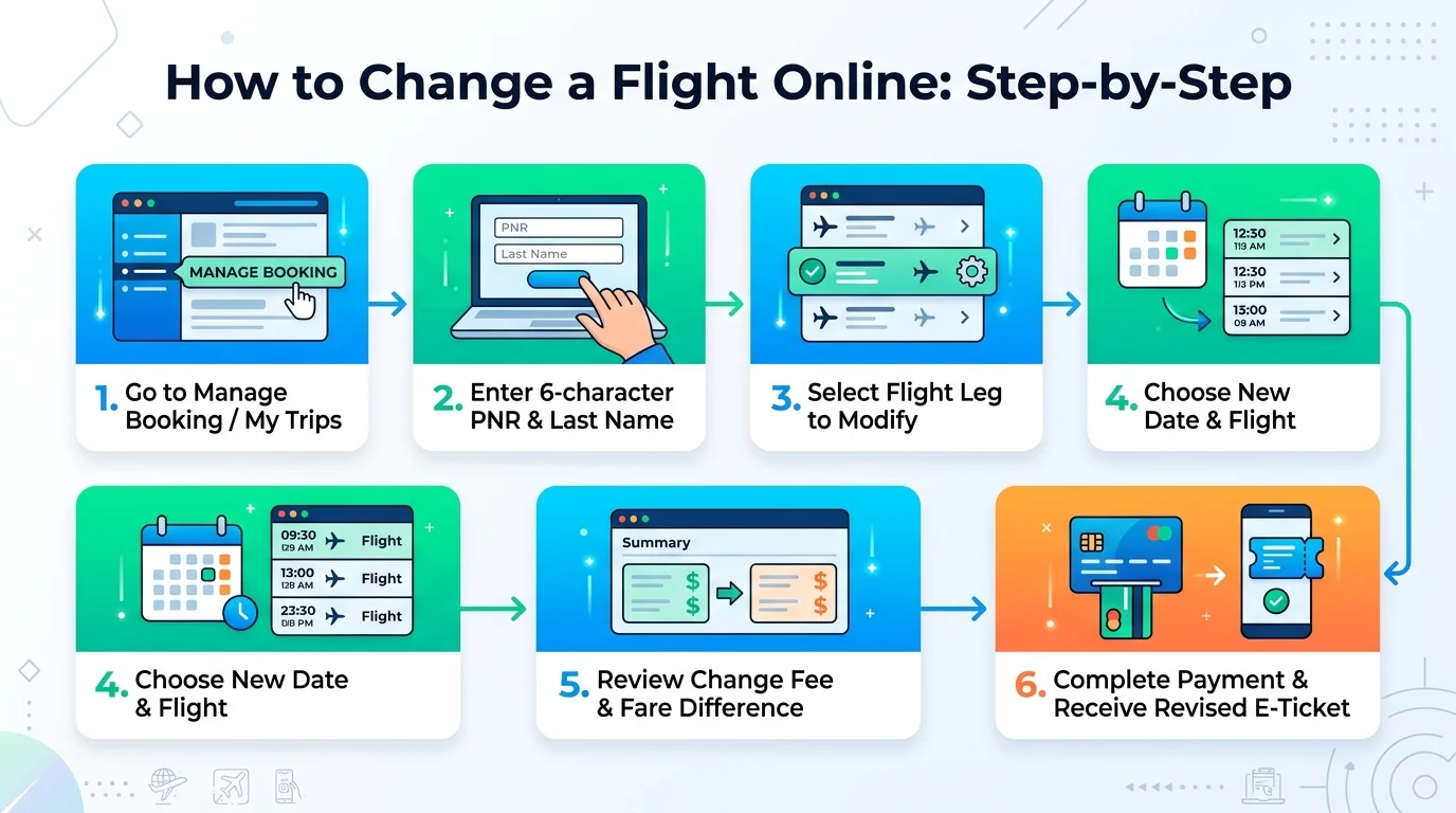 Flowchart showing the steps to change a flight date online through an airline website