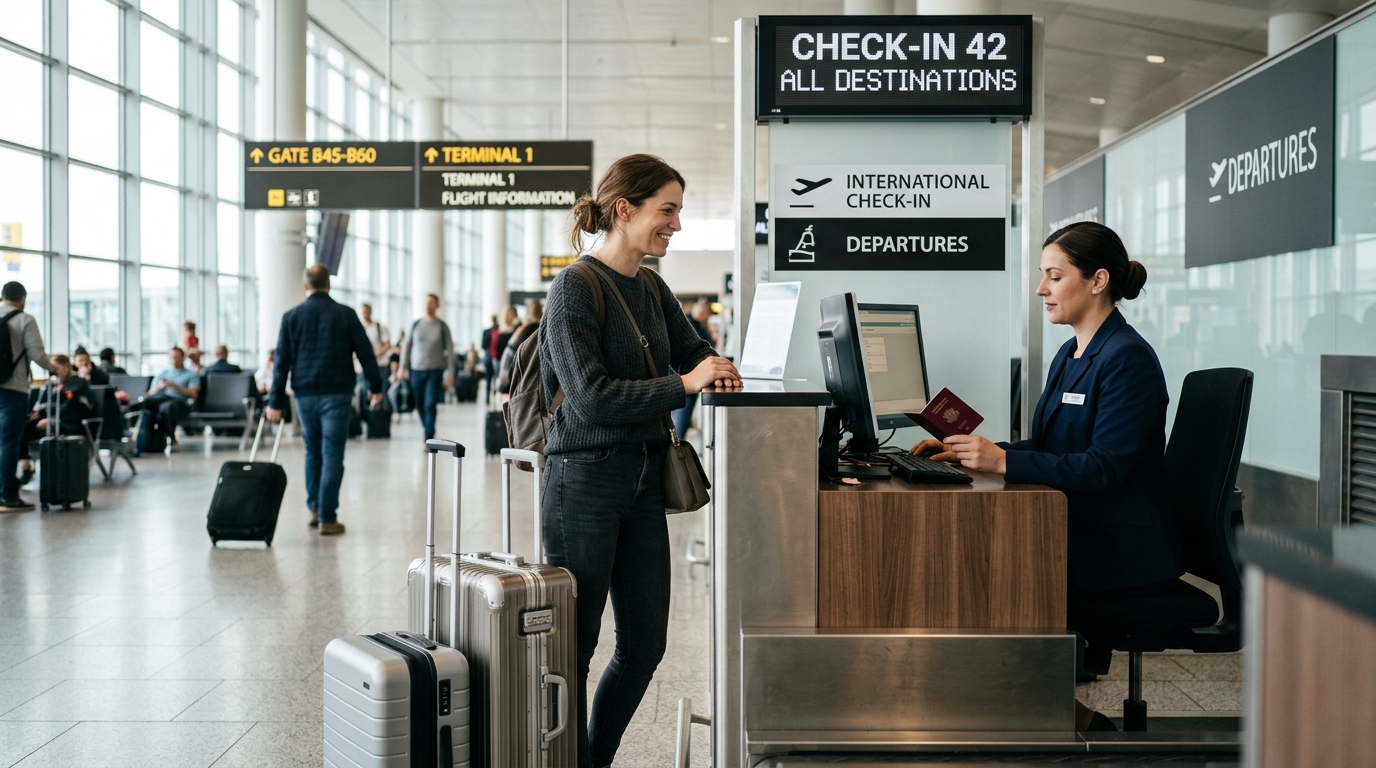 Traveler checking baggage before a flight operated by another airline