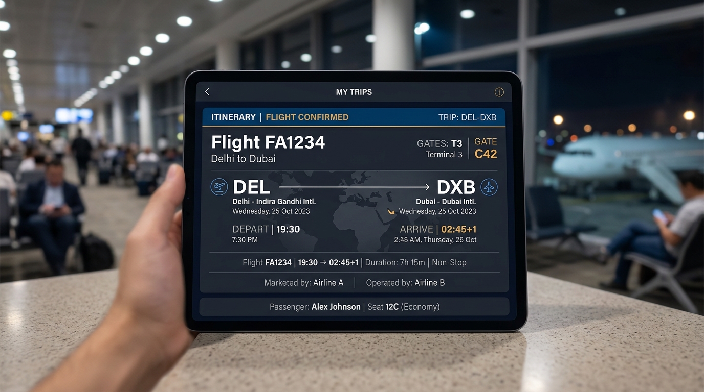 Fictional flight booking example showing the operating airline