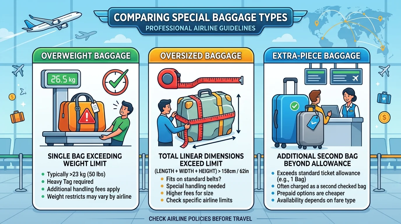 Comparison chart showing overweight luggage, oversized bags, and extra checked pieces
