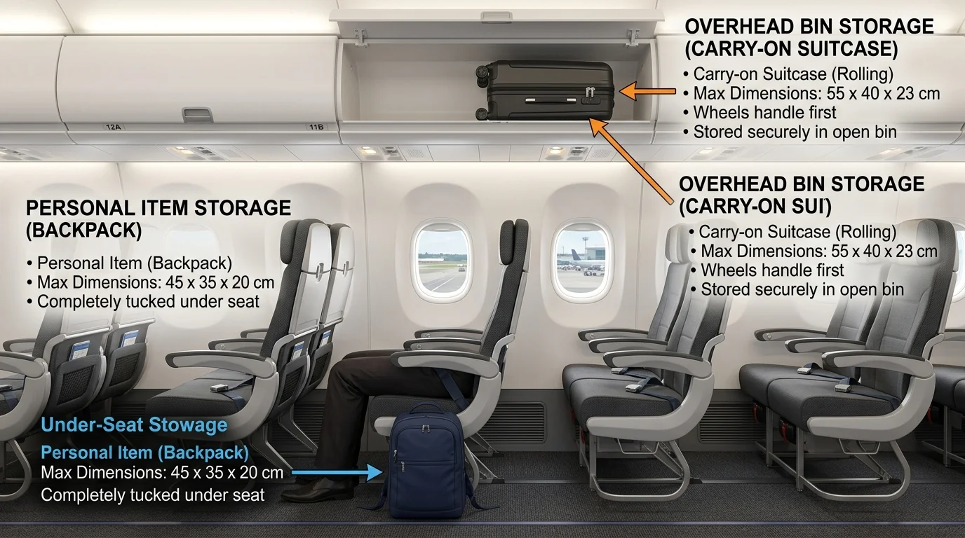 Diagram showing an under-seat personal backpack next to an overhead rolling carry-on suitcase