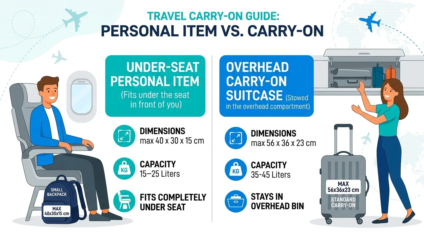 Visual showing an under-seat personal item bag next to an overhead carry-on suitcase