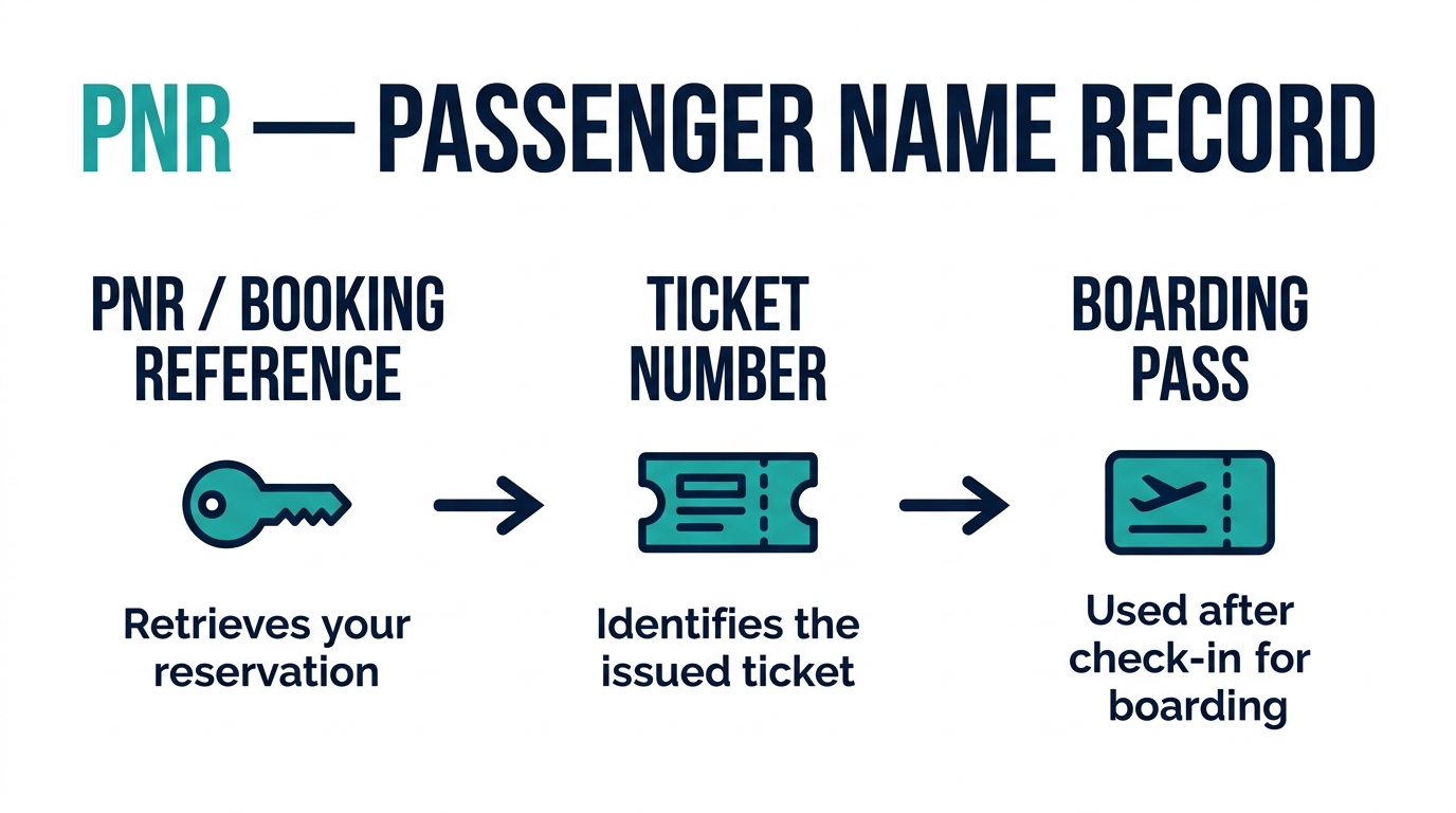 Illustration explaining a flight PNR, ticket number and boarding pass