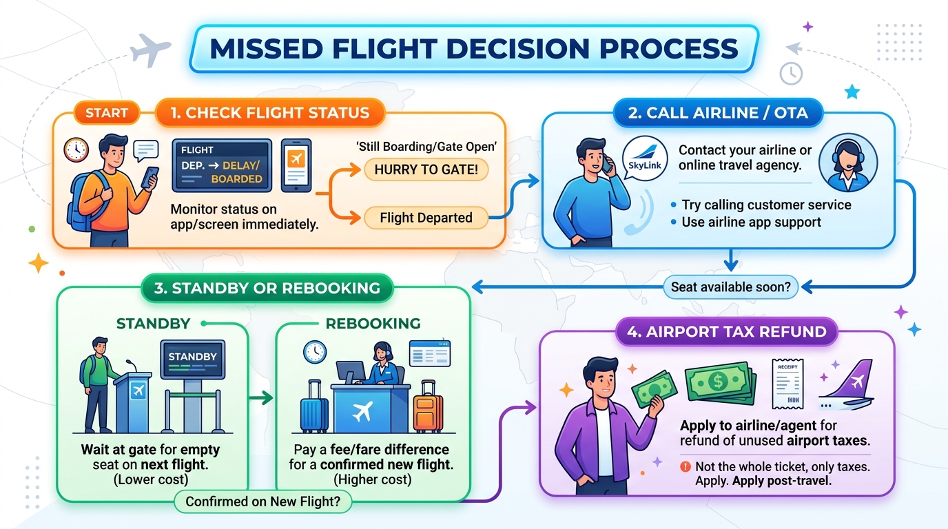 Step-by-step decision tree flowchart for travelers after missing a scheduled flight