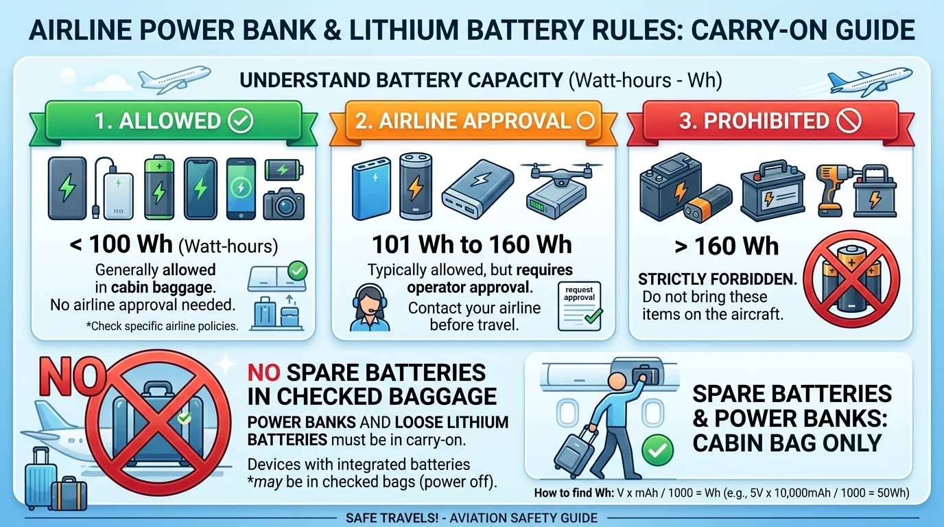 Educational infographic showing power bank Watt-hour limits and explaining why lithium batteries are restricted to cabin baggage