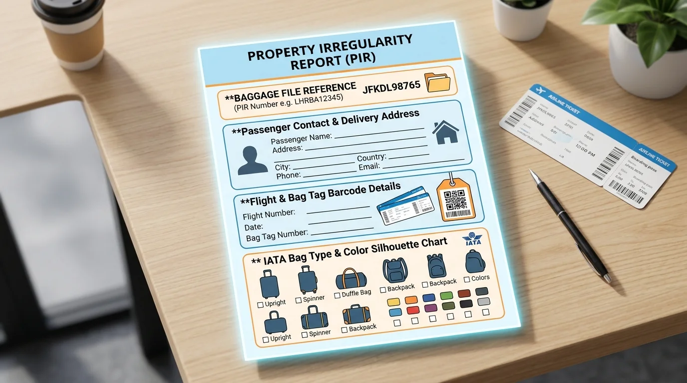 Diagram explaining the sections of an airline Property Irregularity Report including the 10-character reference number