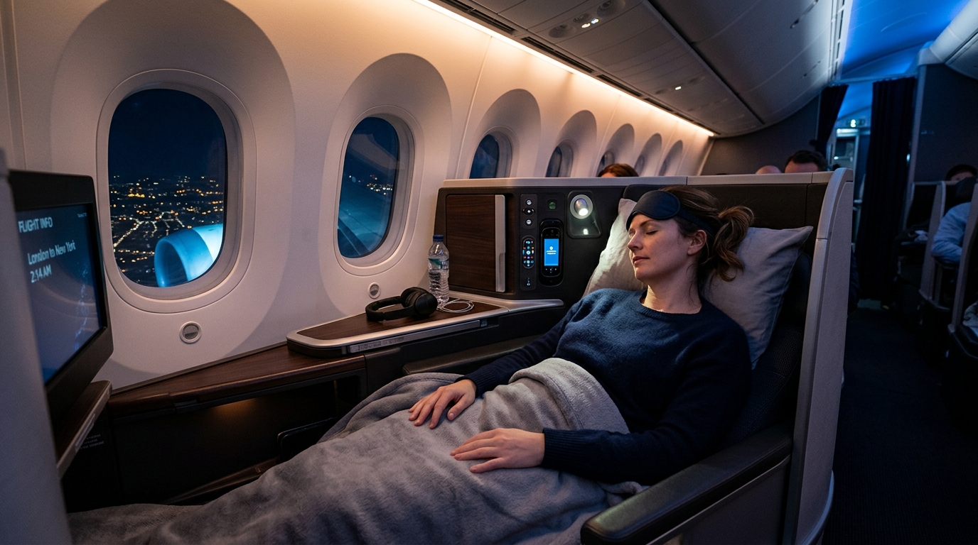Passenger resting in an airplane cabin during a red-eye flight