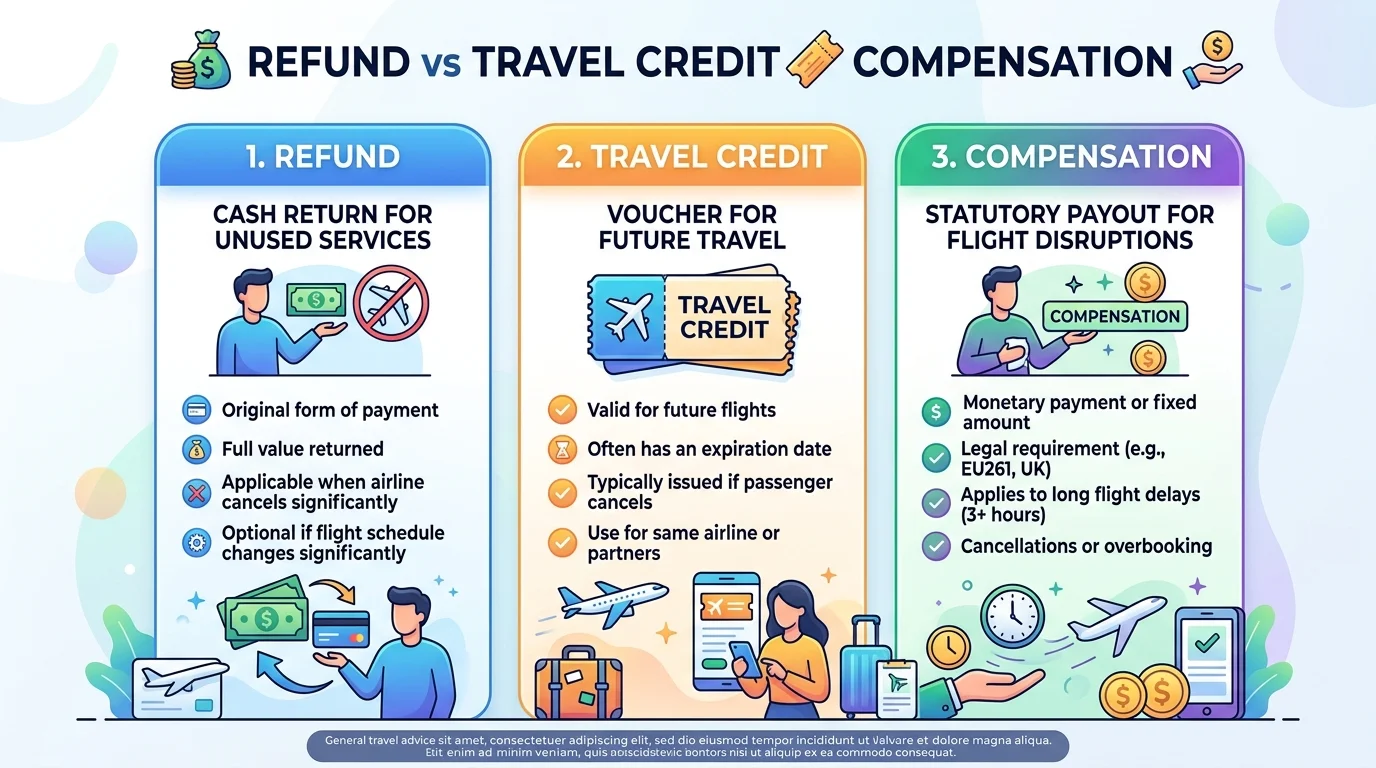 Visual diagram illustrating differences between airline refunds, travel credits, and compensation