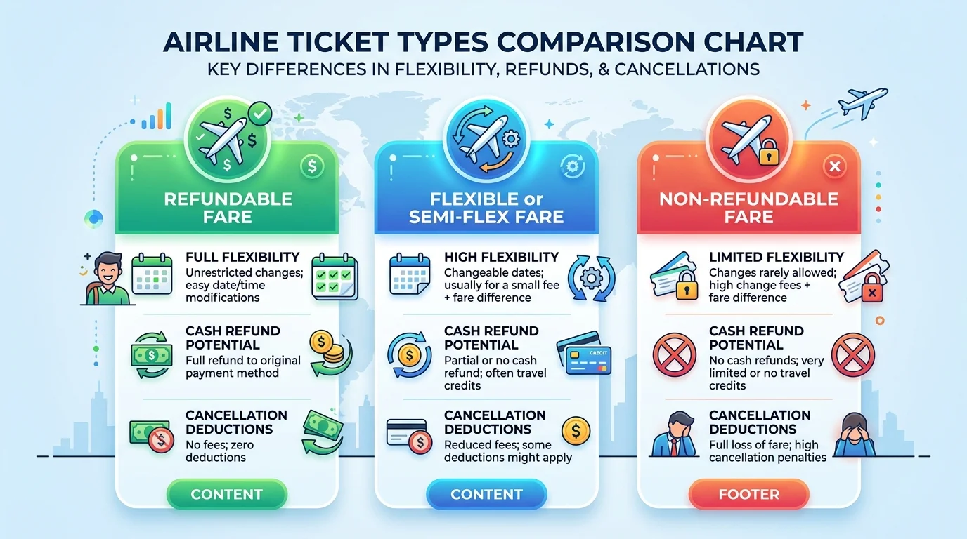 Infographic comparing refundable, flexible, and non-refundable flight ticket terms