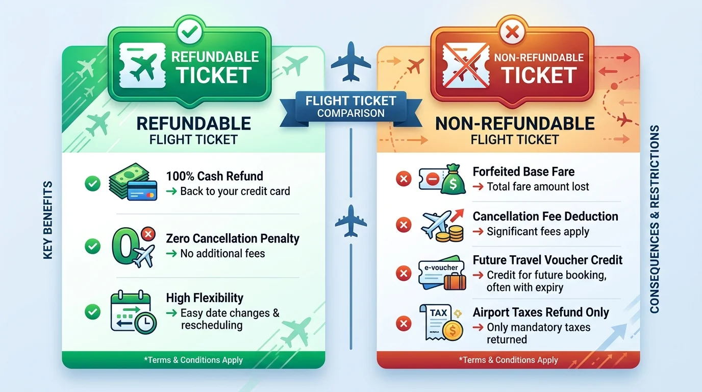 Comparison chart showing features of refundable and non-refundable flight tickets.