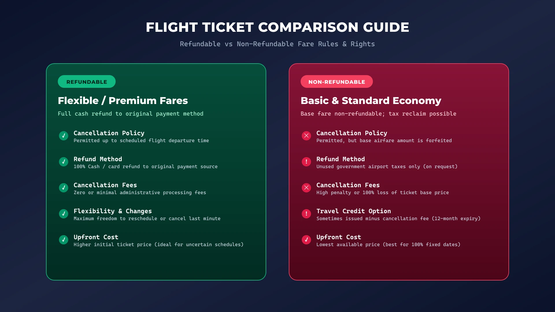 Comparison table showing the differences between refundable and non-refundable flight tickets