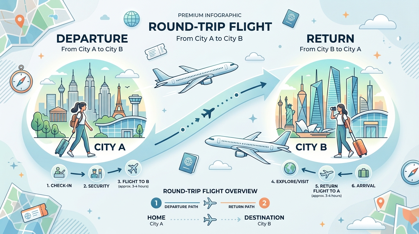 Illustration showing the route structure of a round-trip flight