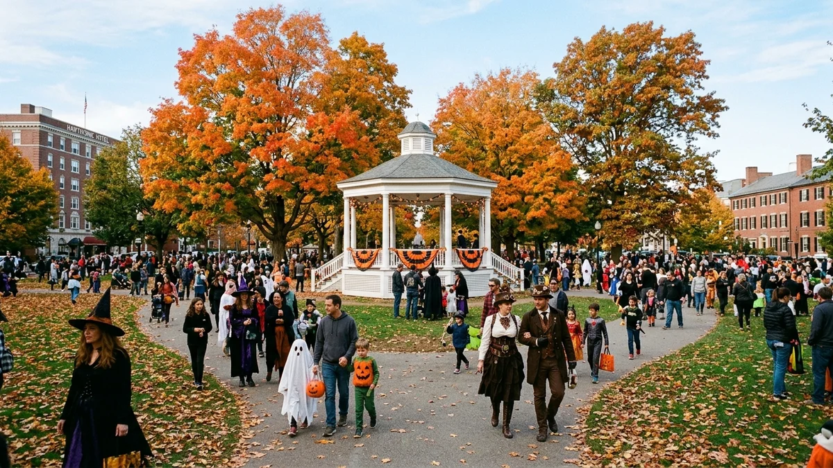 Costumed festival-goers walking across Salem Common during the annual Haunted Happenings October festival