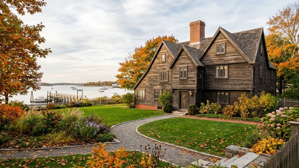 Historic wooden facade of The House of the Seven Gables historic site on the Salem harbor waterfront