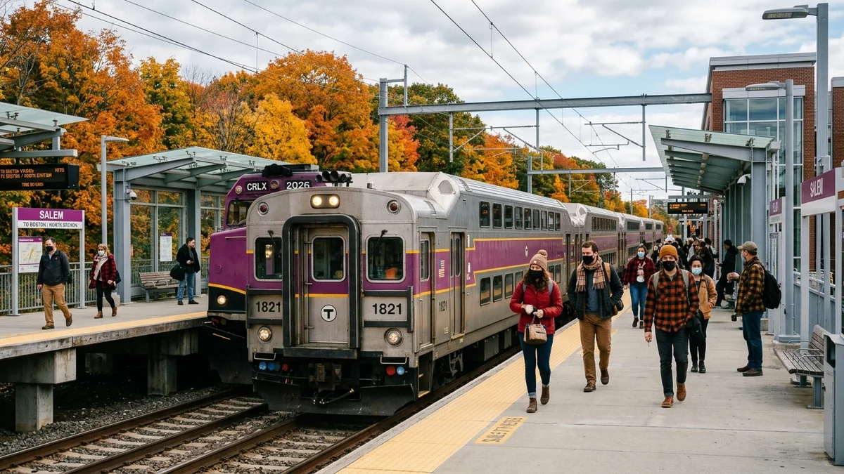 MBTA Commuter Rail passenger train stopped at an outdoor station platform connecting Boston and Salem