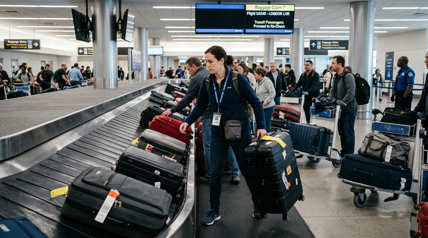 Traveler claiming luggage at baggage carousel for self-connection transit