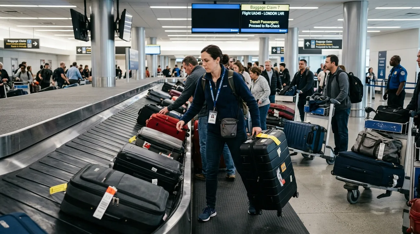Traveler claiming luggage at baggage carousel for self-connection transit