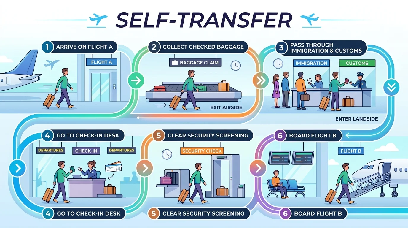 Self-transfer steps that can increase the risk of missing a connecting flight